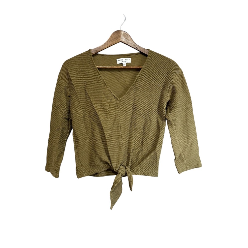 Texture & Thread Madewell Tie Front Top V-Neck 3/4‎ Sleeve Ribbed Knit XS